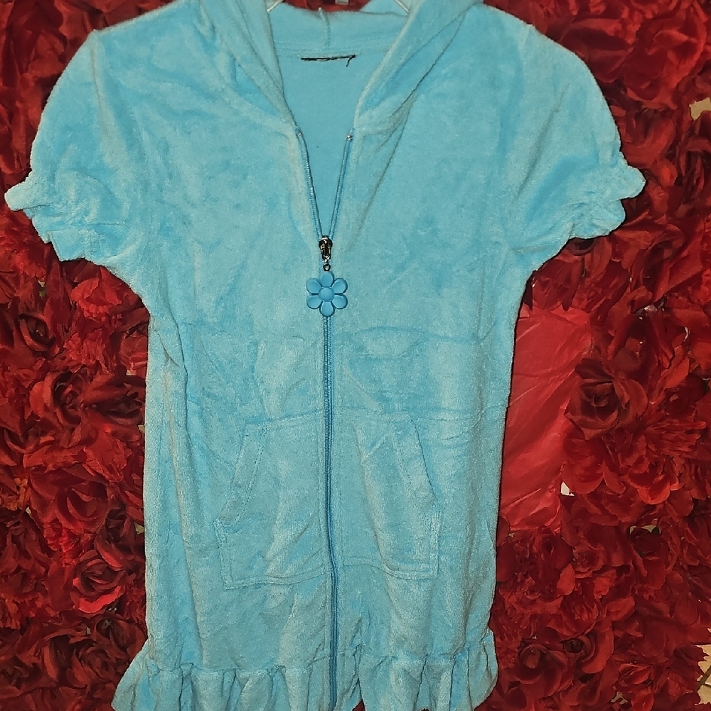 Girls Turquoise Hooded Zip-Up Terry Beach/Pool Cover Up Size 6/7 (NO TAG)